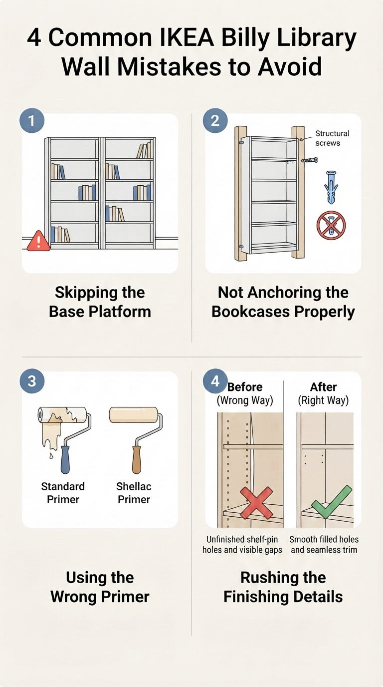 An interior design infographic titled 4 Common IKEA Billy Library Wall Mistakes to Avoid, detailing structural and priming errors during a built-in bookshelf project.