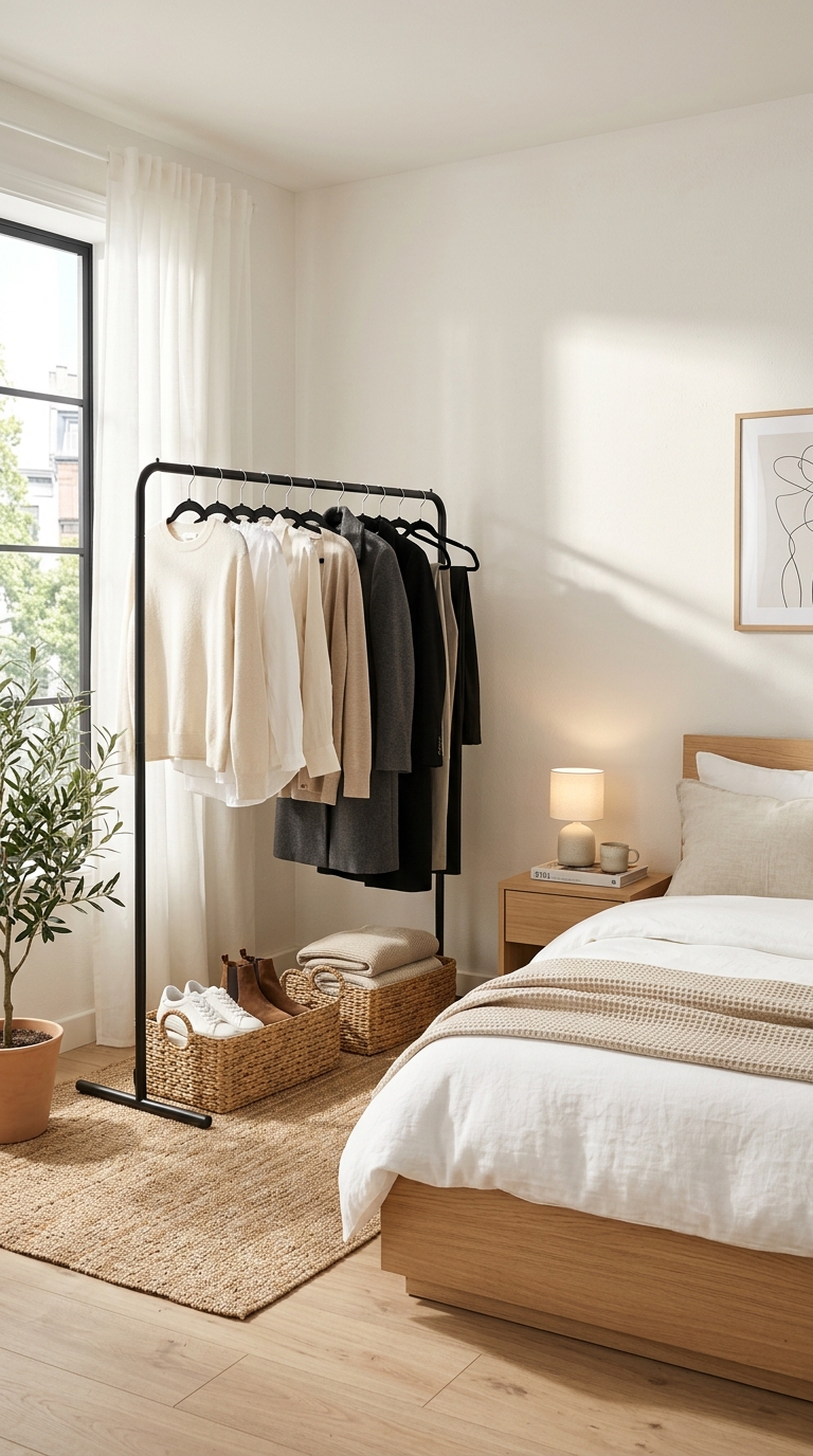 Black curved-top metal clothing rack with neutral-toned sweaters and woven storage baskets next to a low platform bed featuring how to store clothes without a closet