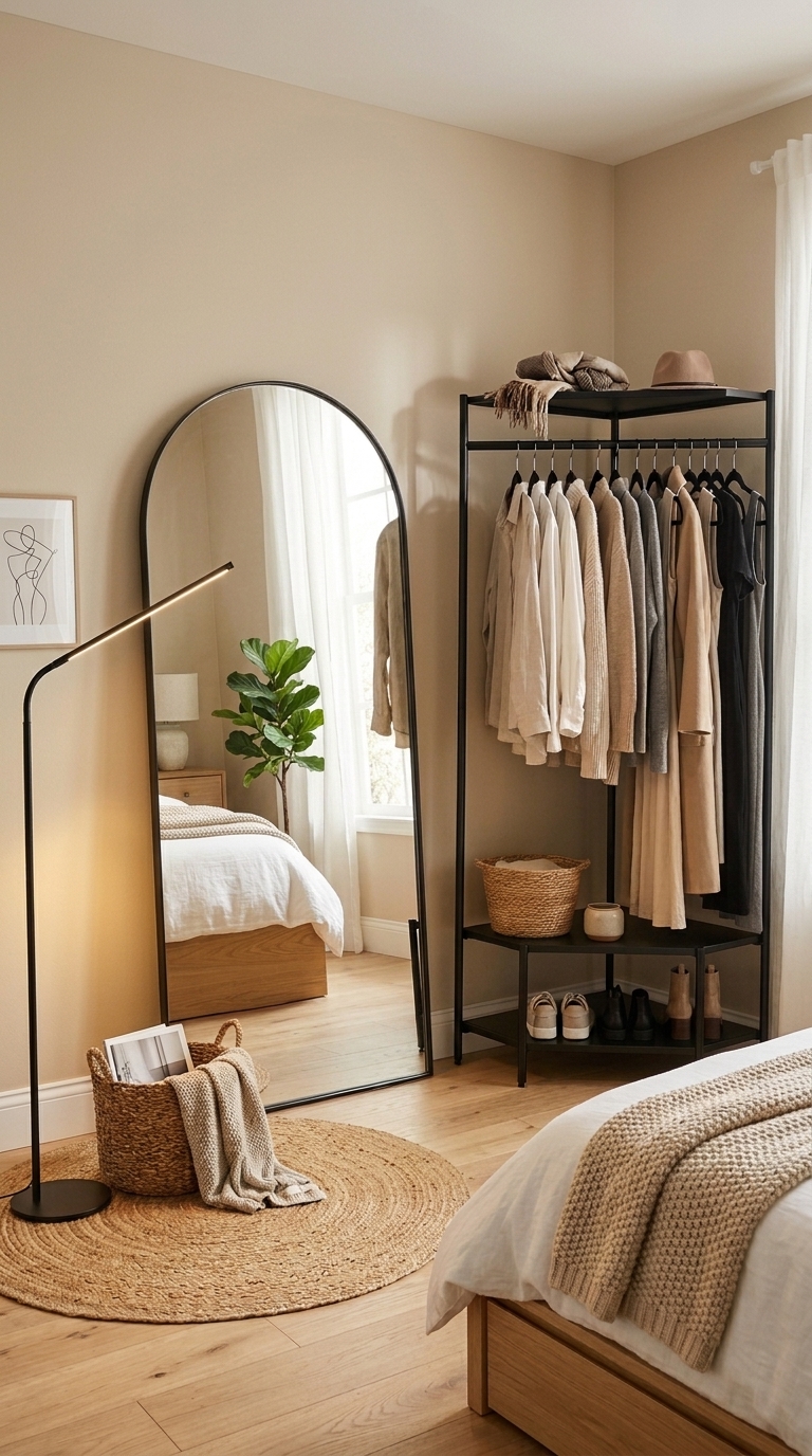 Geometric matte black corner clothing rack styled with neutral clothing, an arched full-length floor mirror, and a minimalist LED lamp.