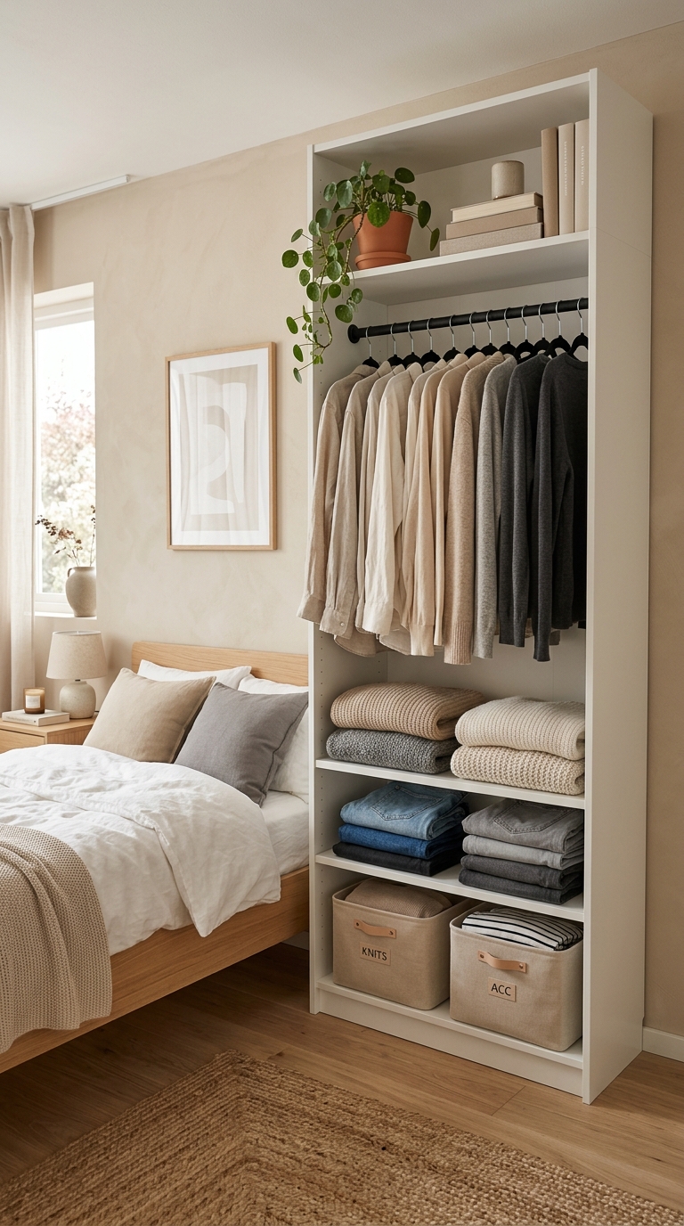White tall bookcase modified into an open wardrobe with a hanging clothes rail and canvas storage baskets in a cozy small bedroom.