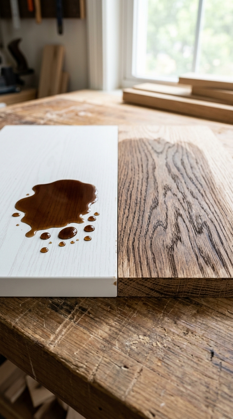 Wood stain pooling on a non-porous white laminate board next to real wood grain absorbing the dark stain.