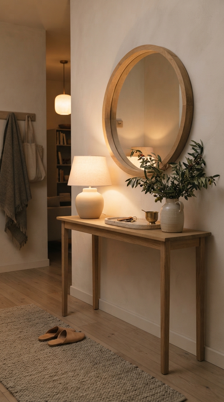 A narrow oak entryway console table beautifully lit by a cordless ceramic table lamp emitting a warm ambient glow under a round mirror.