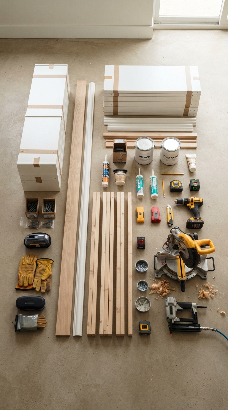 A high-angle flat lay photograph of DIY tools, paint cans, crown molding trim, lumber, and flat-pack IKEA Billy bookcases arranged neatly on a concrete floor.