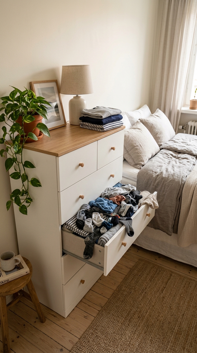 An overflowing, messy white dresser drawer with tangled clothes next to a bed in a small bedroom.