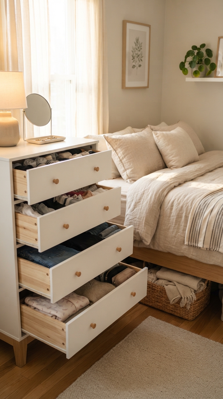Well-organized dresser drawers in a small bedroom with each drawer dedicated to a specific clothing category.