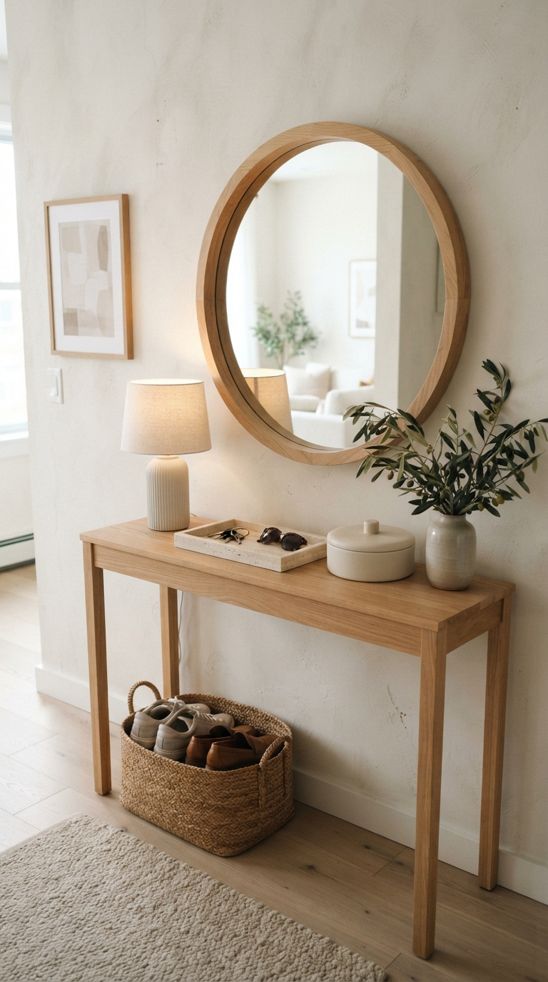 A travertine stone catchall tray with sunglasses and keys styled next to a lidded ceramic storage box on a narrow light wood console table.