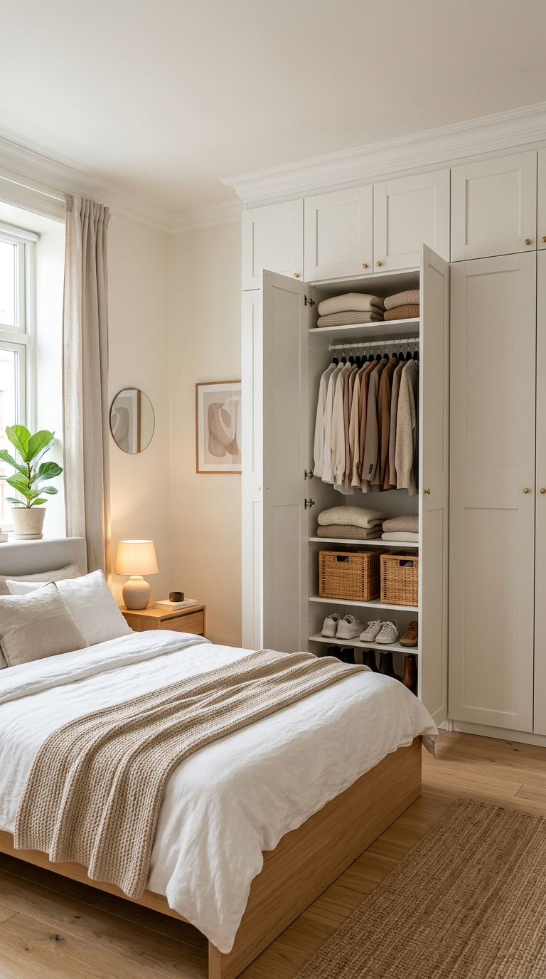 Double-stacked white modular wardrobe cabinets with crown molding faking a built-in closet look in a bedroom.