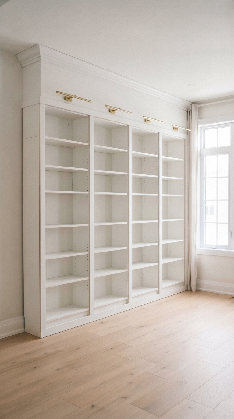 Finished IKEA Billy library wall with painted built-ins before adding books and décor.
