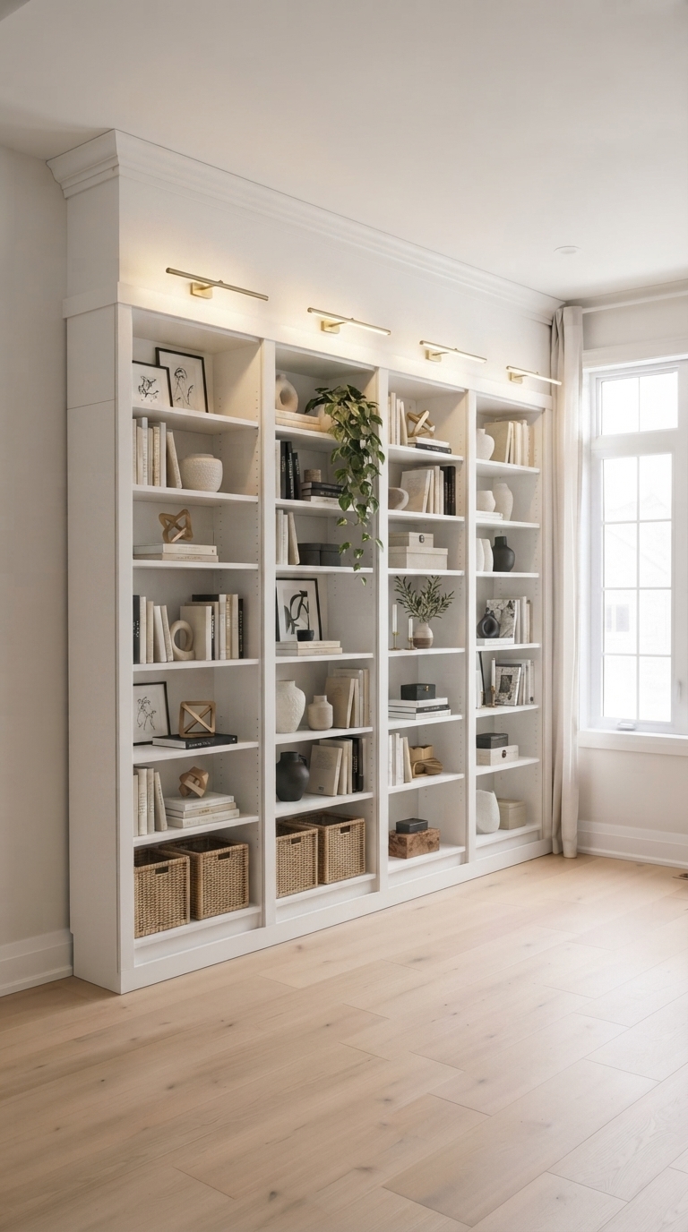 Beautifully styled Bookcase with books, artwork, woven baskets, greenery, and brass picture lights.