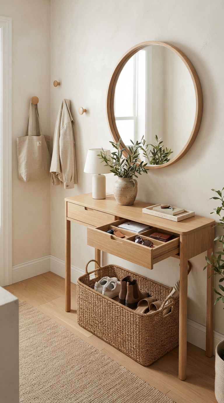 A narrow white oak entryway console table with an open drawer showing internal dividers next to a large round wooden mirror and a woven shoe basket