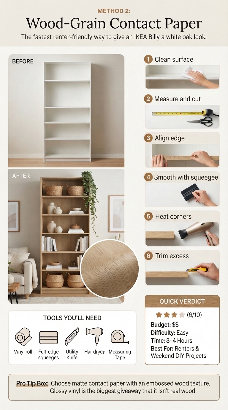 A step-by-step DIY infographic detailing surface cleaning, measuring, squeegee alignment, and a hairdryer heating technique for wrapping sharp furniture edges.