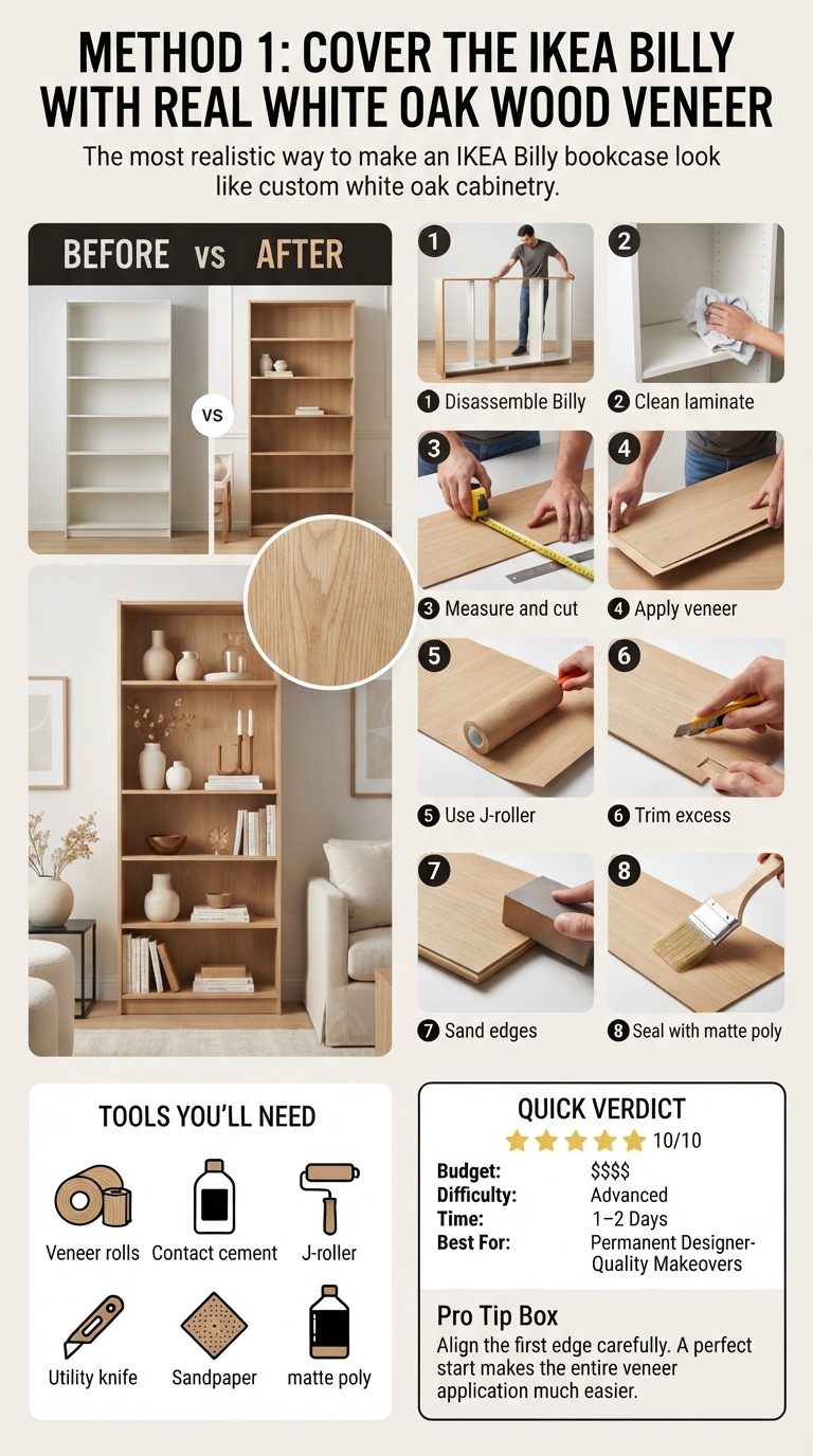 An infographic showing a step-by-step 8-stage DIY process to cover a white IKEA Billy bookcase with real white oak wood veneer sheets.
