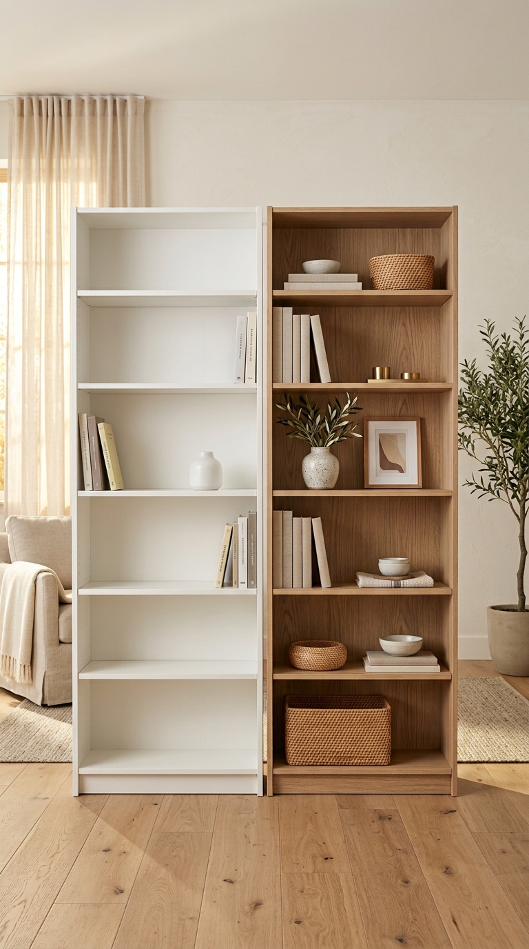 A white laminate IKEA Billy bookcase standing side-by-side with a styled white oak bookcase makeover in a bright Scandinavian living room.