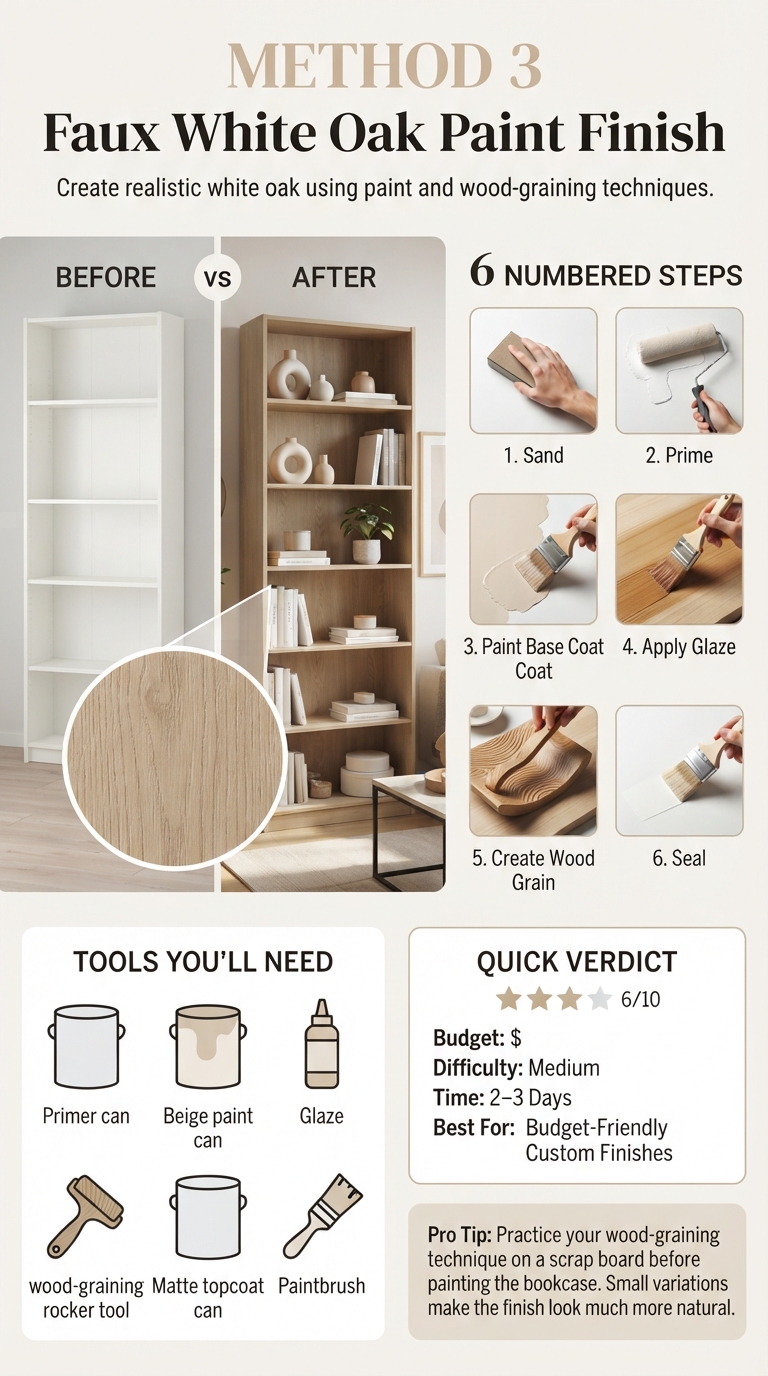 An infographic showing a step-by-step 6-stage DIY process to paint a white IKEA Billy bookcase to look like white oak using a wood grain rocker.