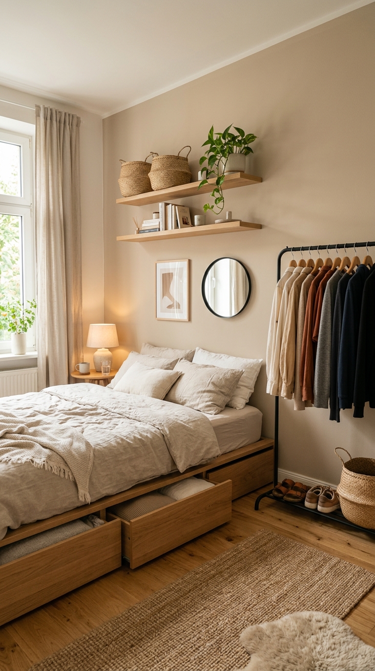 Matte black clothing rack and under-bed storage drawers in a small aesthetic bedroom without a closet featuring how to store clothes without and closet