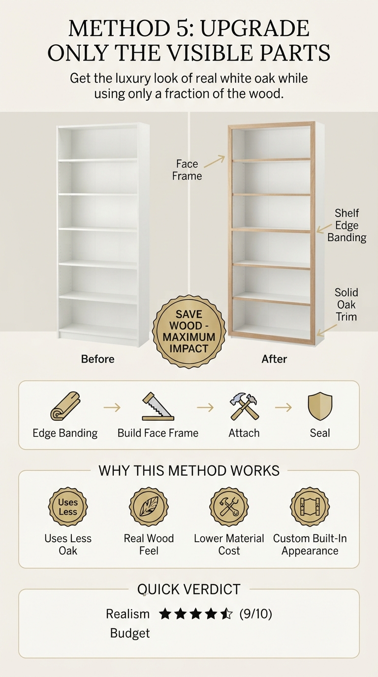 An infographic detailing how to upgrade only the visible parts of an IKEA Billy bookcase using real white oak face frames and edge banding.
