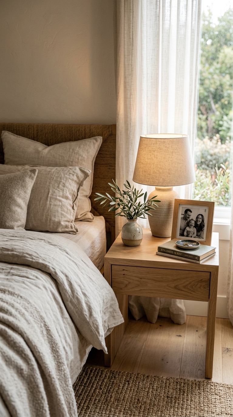 A wood nightstand styled with a black and white family photo frame, a ceramic lamp, and a small jewelry dish.