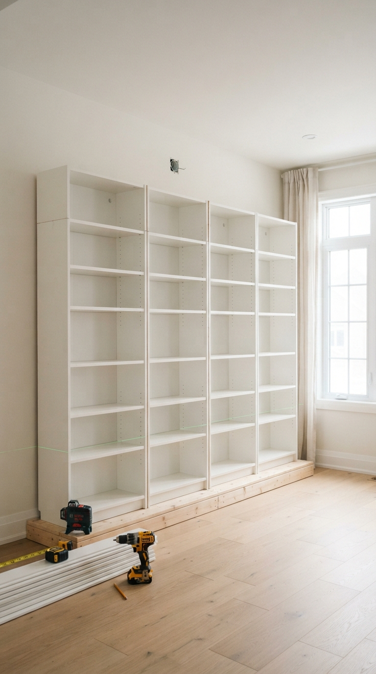 Assembled bookcases positioned on a level base platform before trim and finishing.