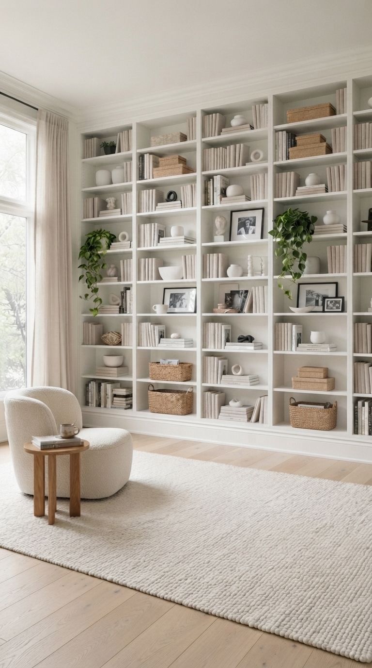 Floor-to-ceiling built-in library wall made from IKEA Billy bookcases painted light beige with brass library lights