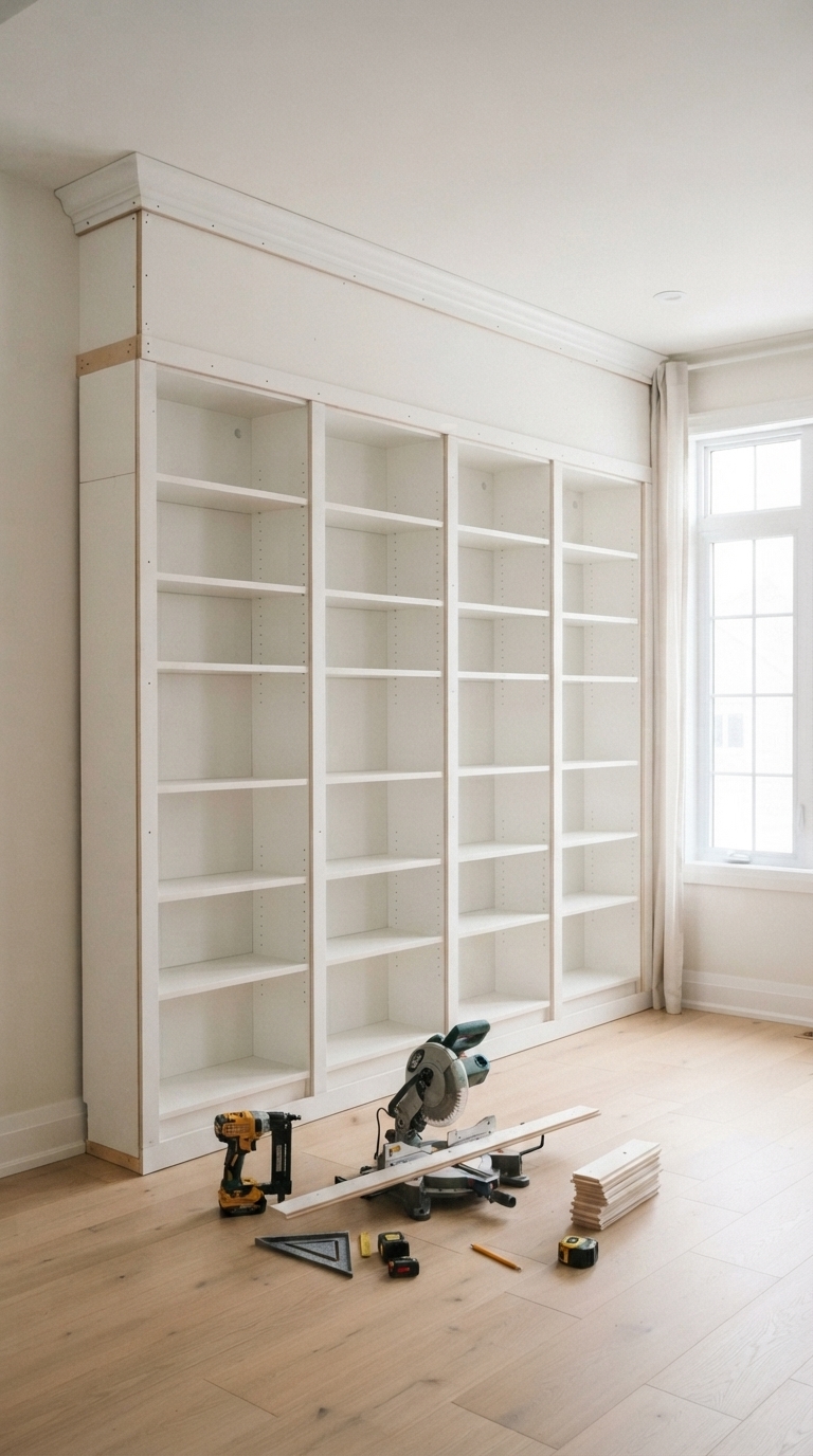 IKEA Billy library wall with trim boards and crown molding installed during the built-in process.