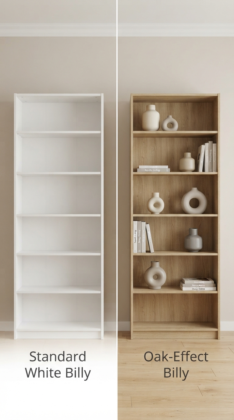 A bold side-by-side comparison of an empty standard white IKEA Billy bookcase next to a styled oak-effect Billy bookcase.