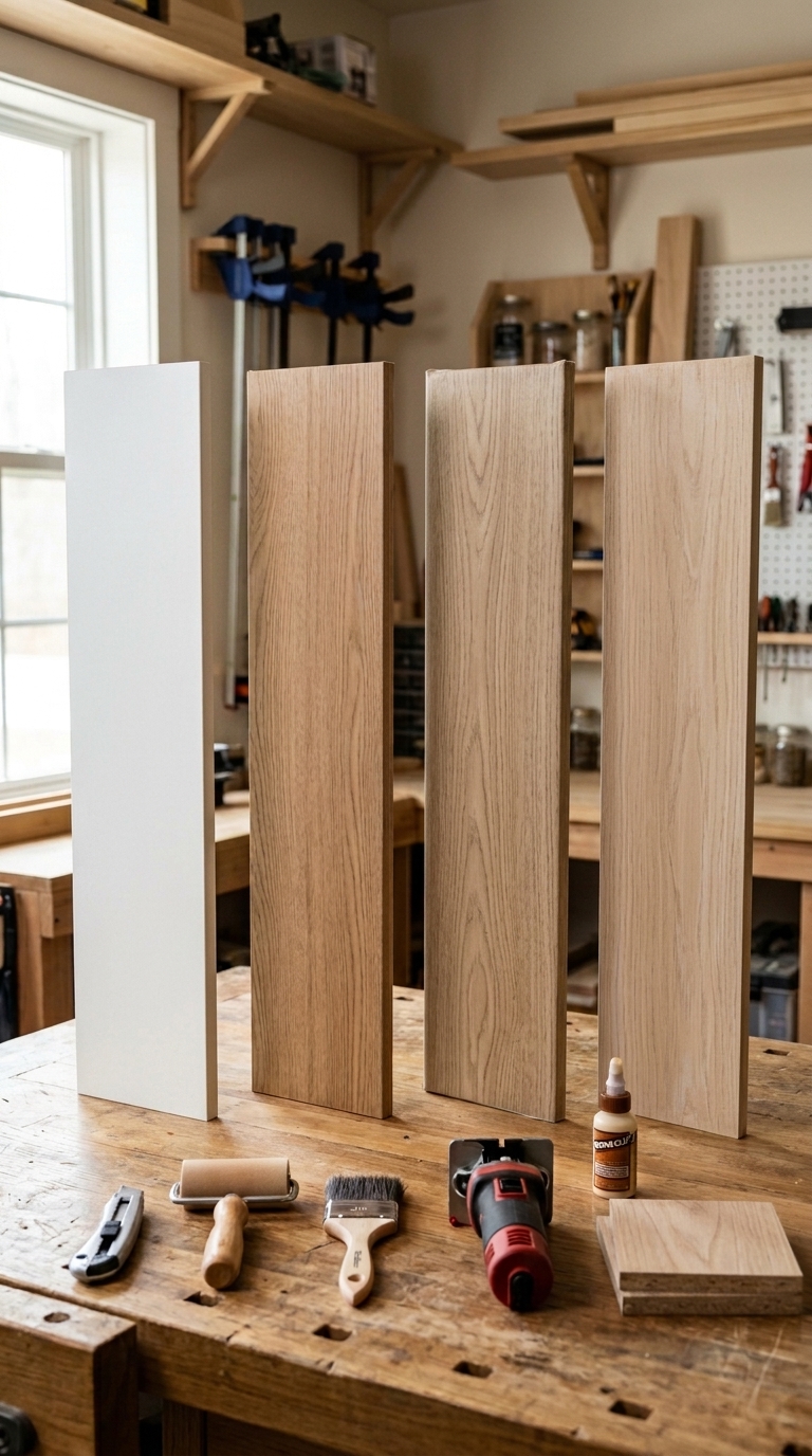 Four alternative material finish samples arrayed on a woodworking studio table next to a utility knife, paint roller, and sanding block.