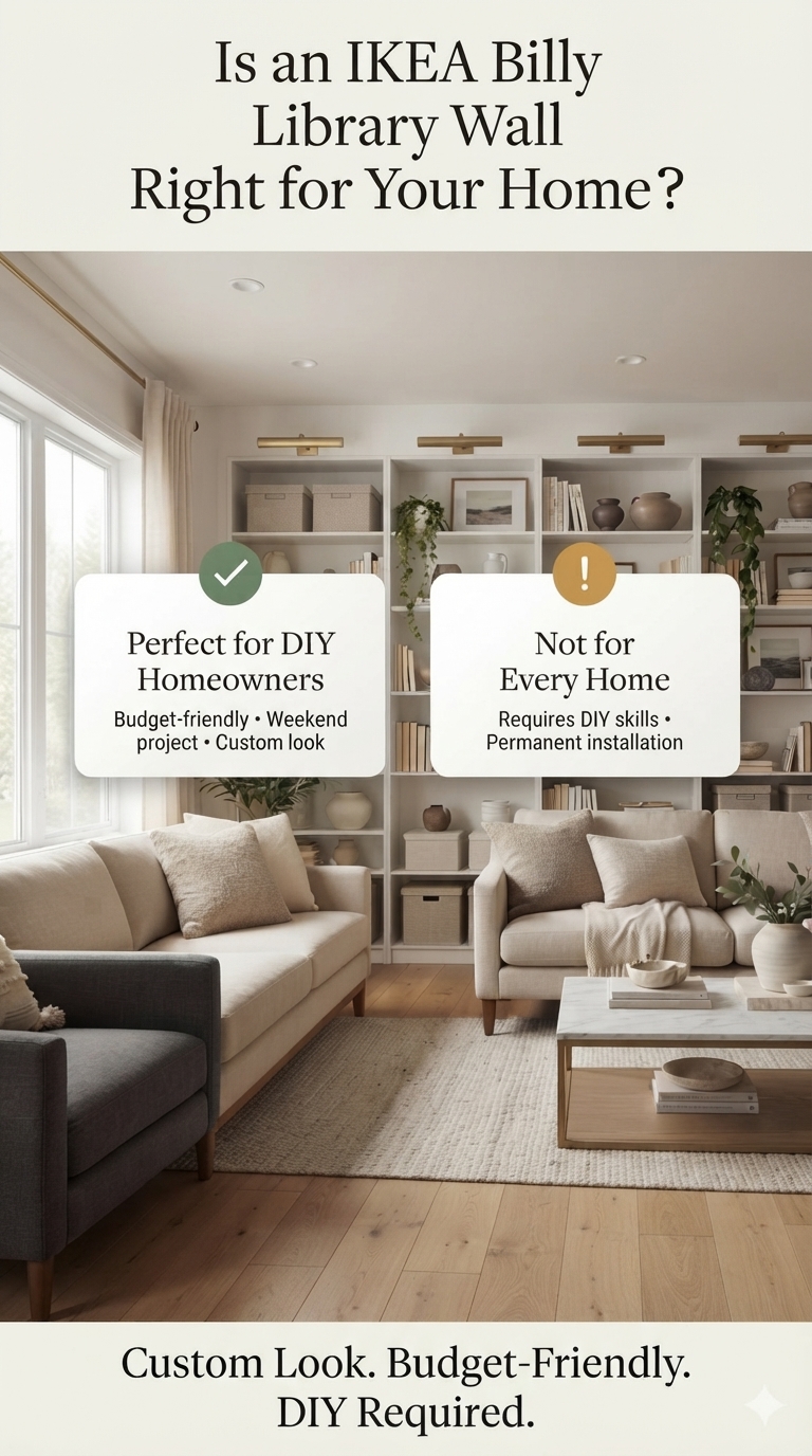 An interior design checklist infographic comparing who should build a DIY built-in bookshelf system versus who should skip a floor-to-ceiling shelving project.