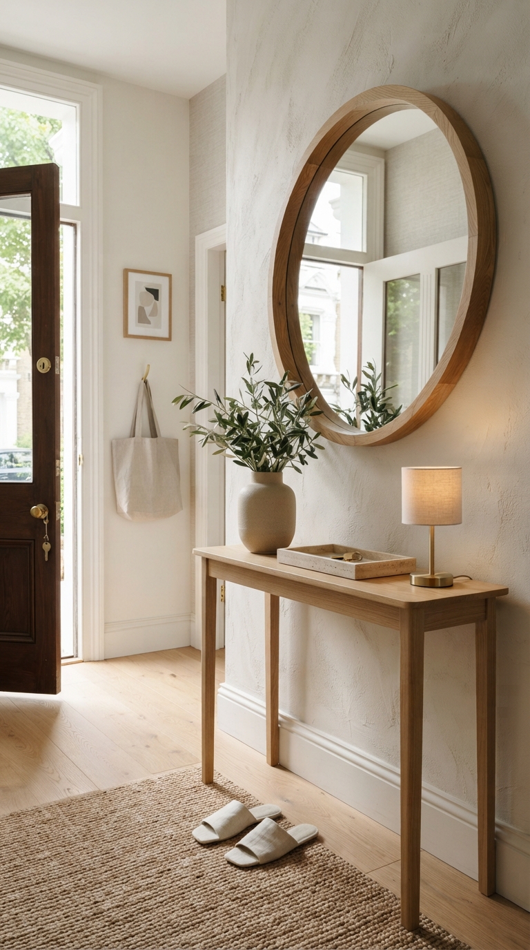 A large round wood-framed mirror hung above a shallow light oak console table in a narrow Scandinavian hallway to reflect natural light.