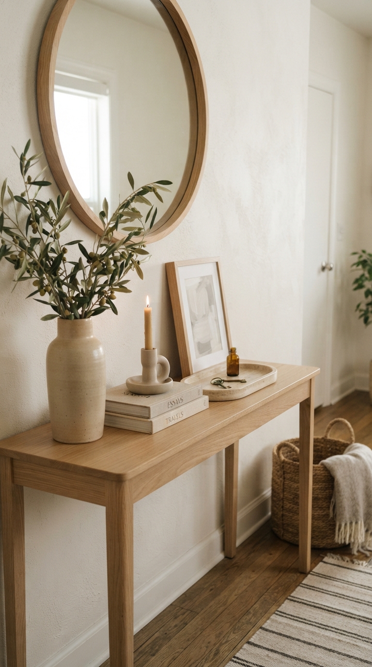A narrow oak entryway table styled with a layered arrangement featuring a round mirror, leaning framed art, a horizontal book stack supporting a candle, and a stone key tray.