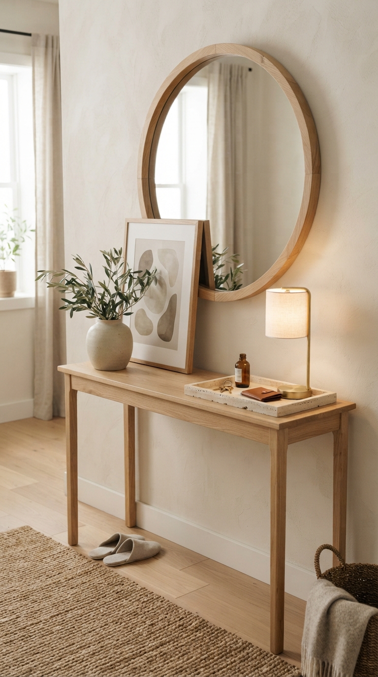 A framed neutral abstract art print leaning on a light oak entryway table and overlapping a large round mirror.
