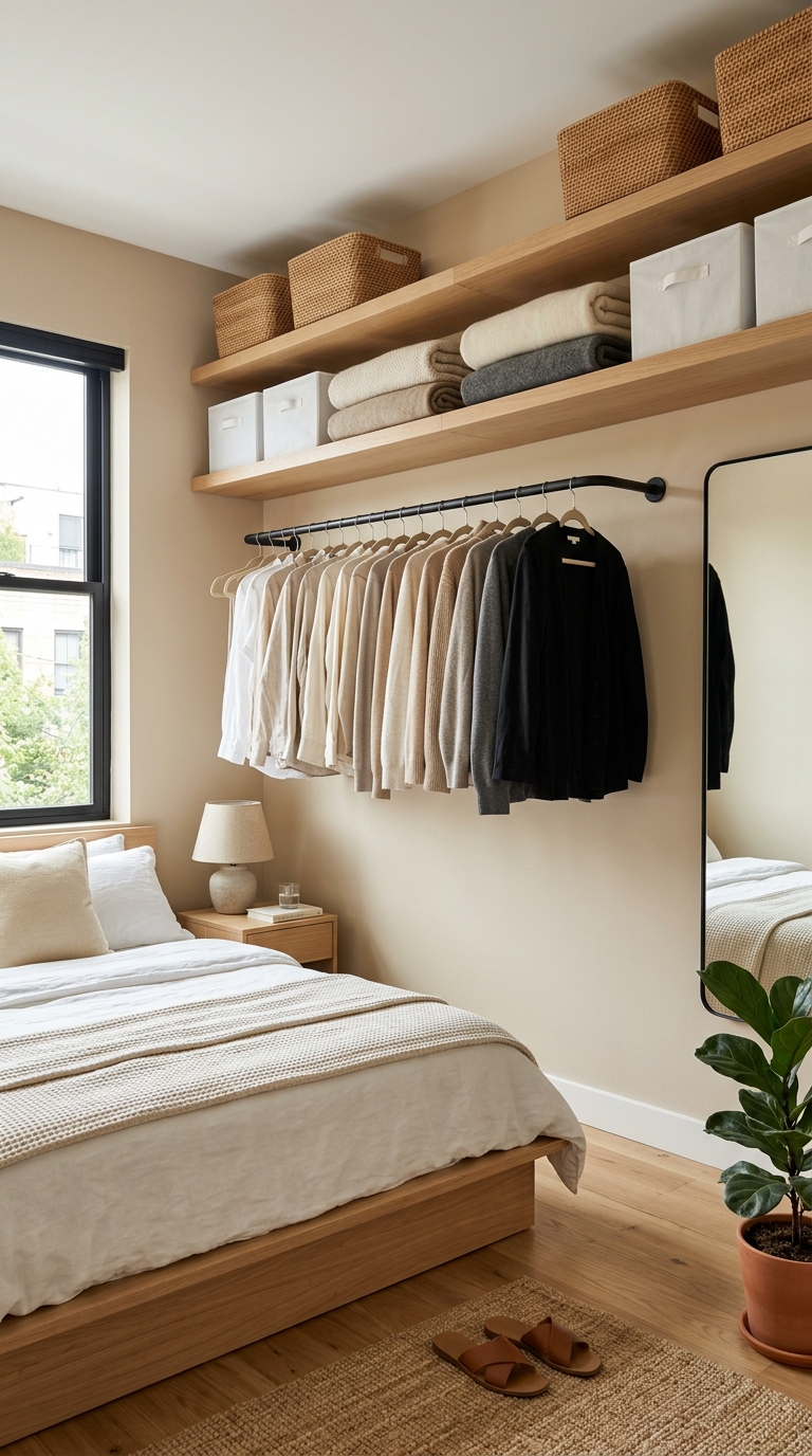 Multi-tiered floating wooden shelves and black metal hanging rod installed on a high bedroom wall above a platform bed.