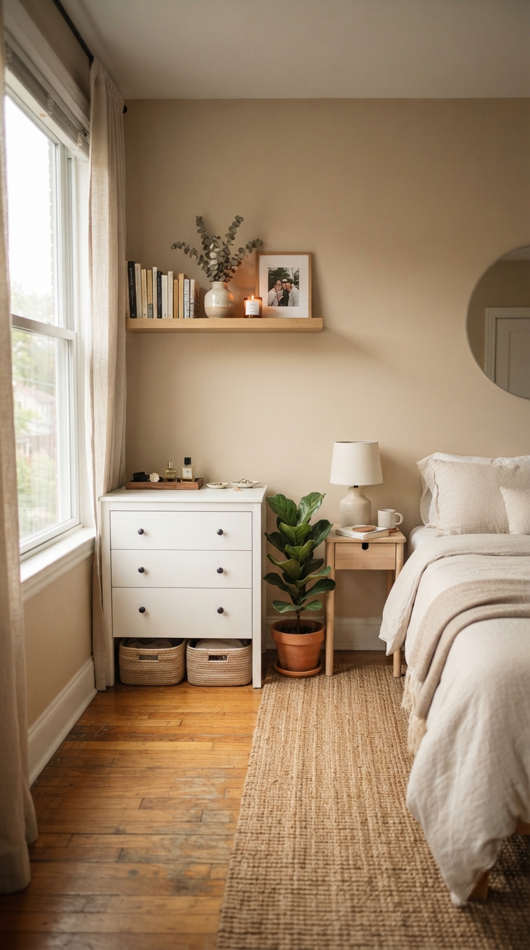A white three-drawer dresser in a small bedroom with baskets stored underneath and a floating shelf mounted directly above.
