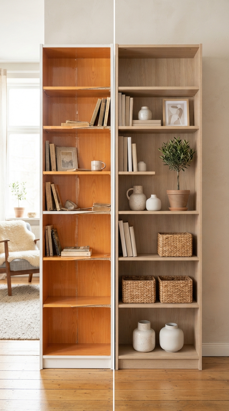 A side-by-side comparison of a poorly executed orange-toned bookcase makeover next to a flawless matte white oak bookcase.