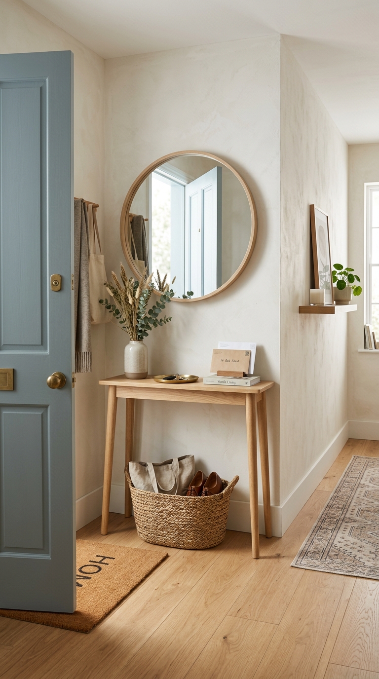 A narrow light wood entryway console table with slim legs standing near an open front door, styled with a round mirror and a woven shoe basket beneath.