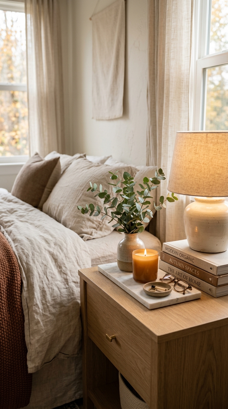 An oak nightstand styled for autumn with a ceramic lamp, eucalyptus branches, and an autumn design book stack featuring nightstand decor ideas