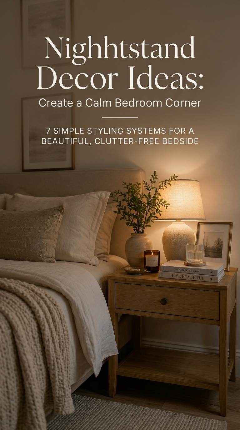 Nightstand Decor Ideas Pinterest pin graphic showing a beautifully styled light oak bedside table with a warm glowing lamp and books.