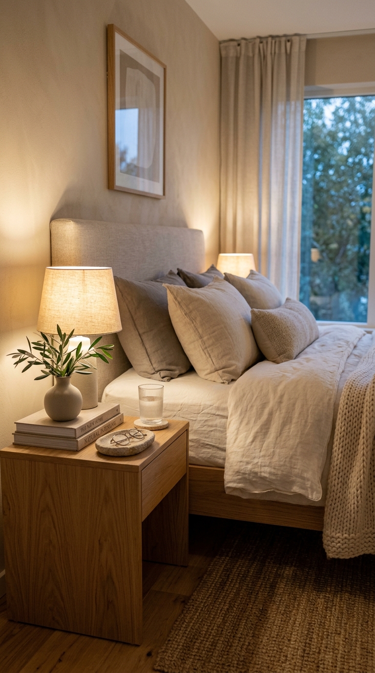 Nightstand Decor Ideas Pinterest pin graphic showing a beautifully styled light oak bedside table with a warm glowing lamp and books.