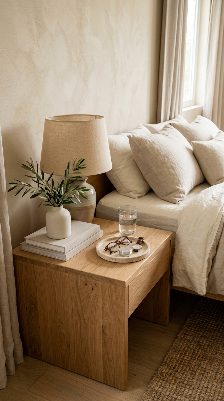 A round stone tray holding reading glasses and a watch on an oak nightstand next to a bed.