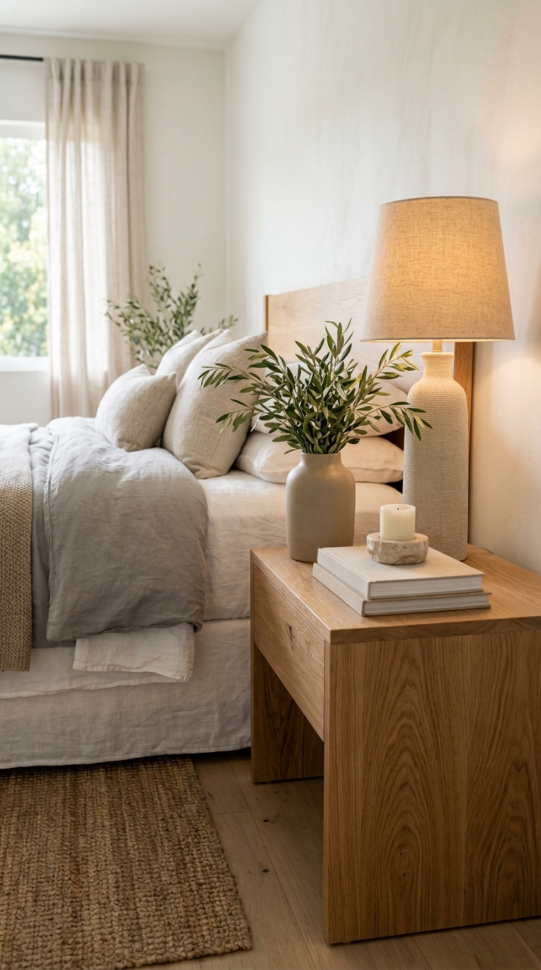 A styled oak nightstand showing an asymmetrical high low arrangement with a tall lamp, olive branches, and design books.