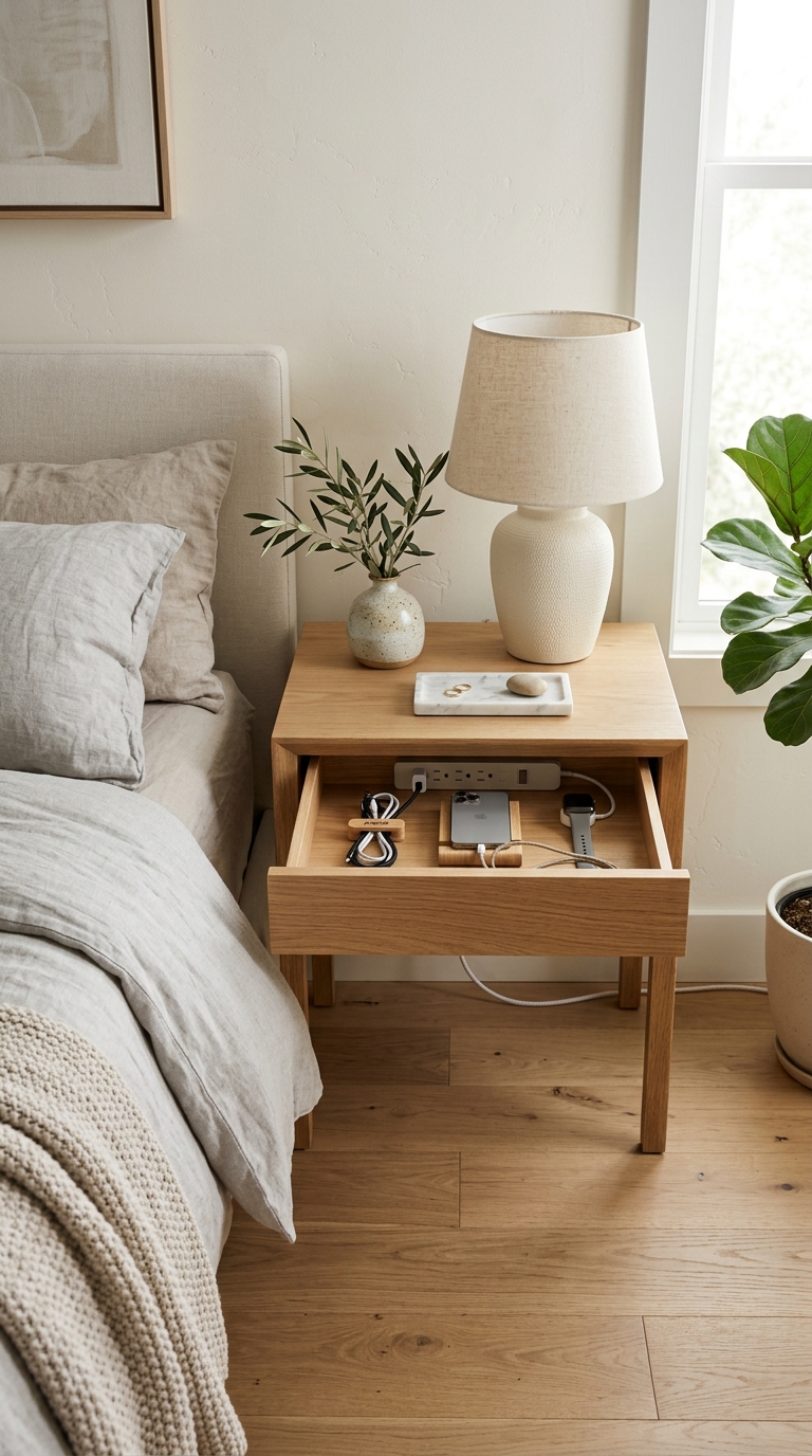 An open nightstand drawer showing a power strip charging station with a smartphone and smartwatch below a clean tabletop.