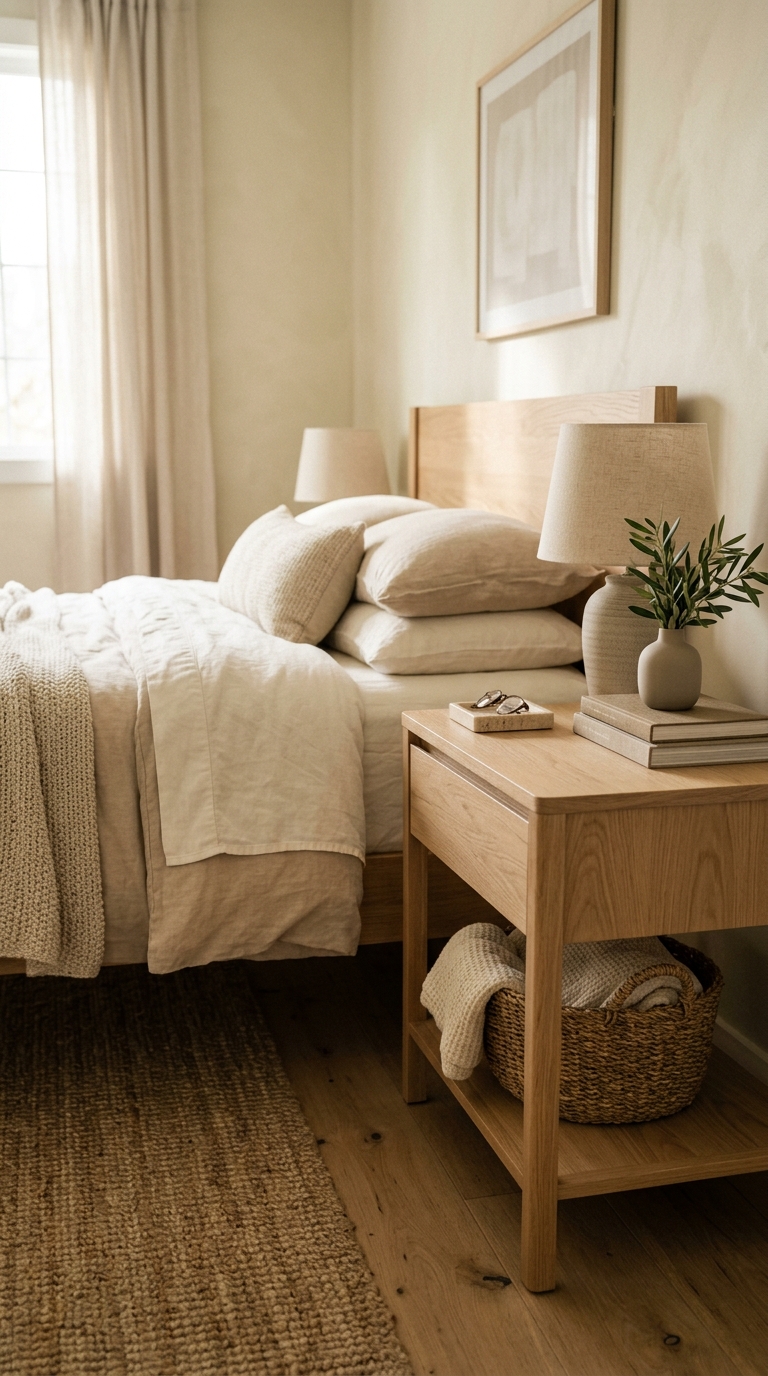 A white oak nightstand standing perfectly flush with a mattress to show correct furniture proportions in a small bedroom.