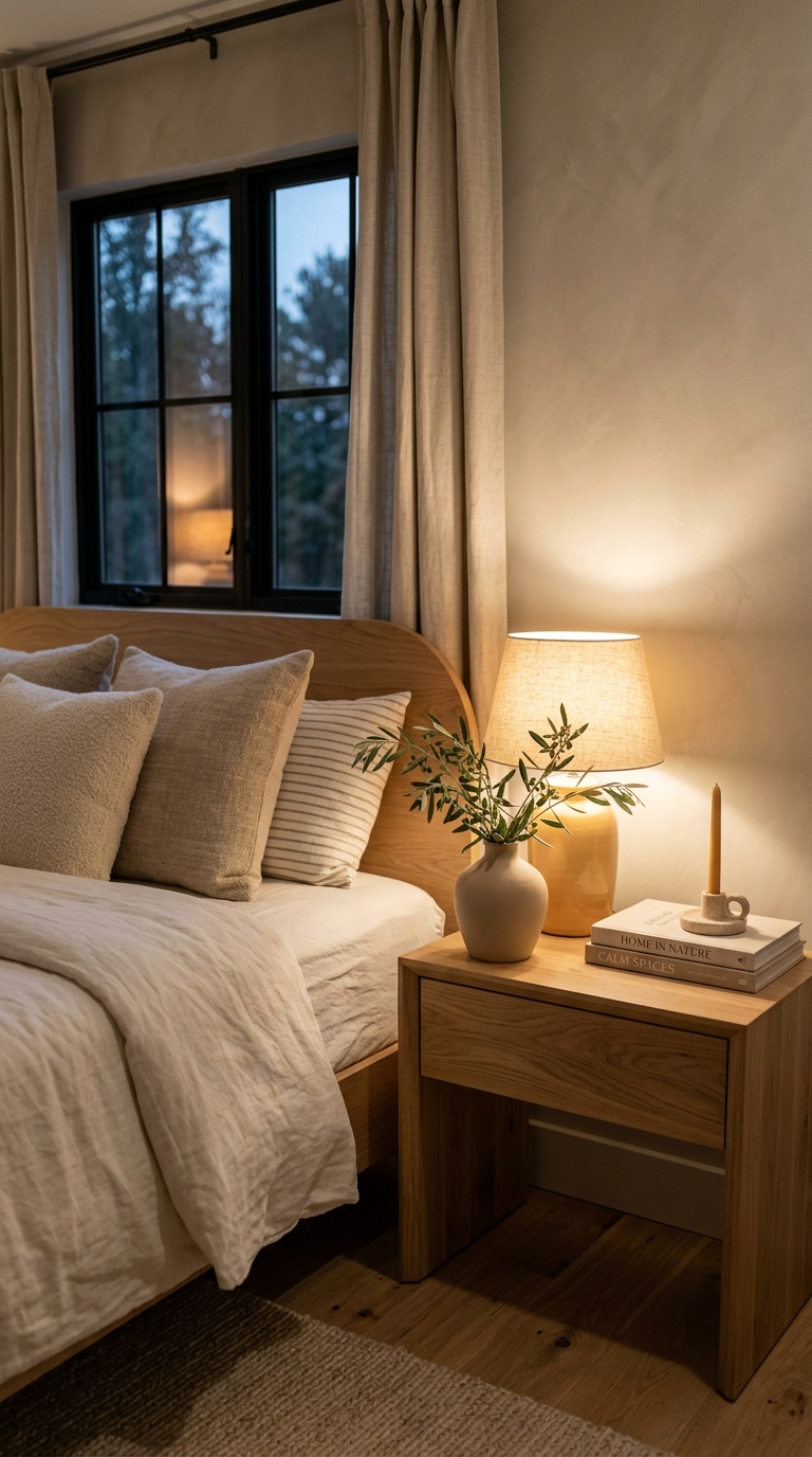 A white oak nightstand styled with a glowing table lamp featuring a linen shade next to a bed at dusk.