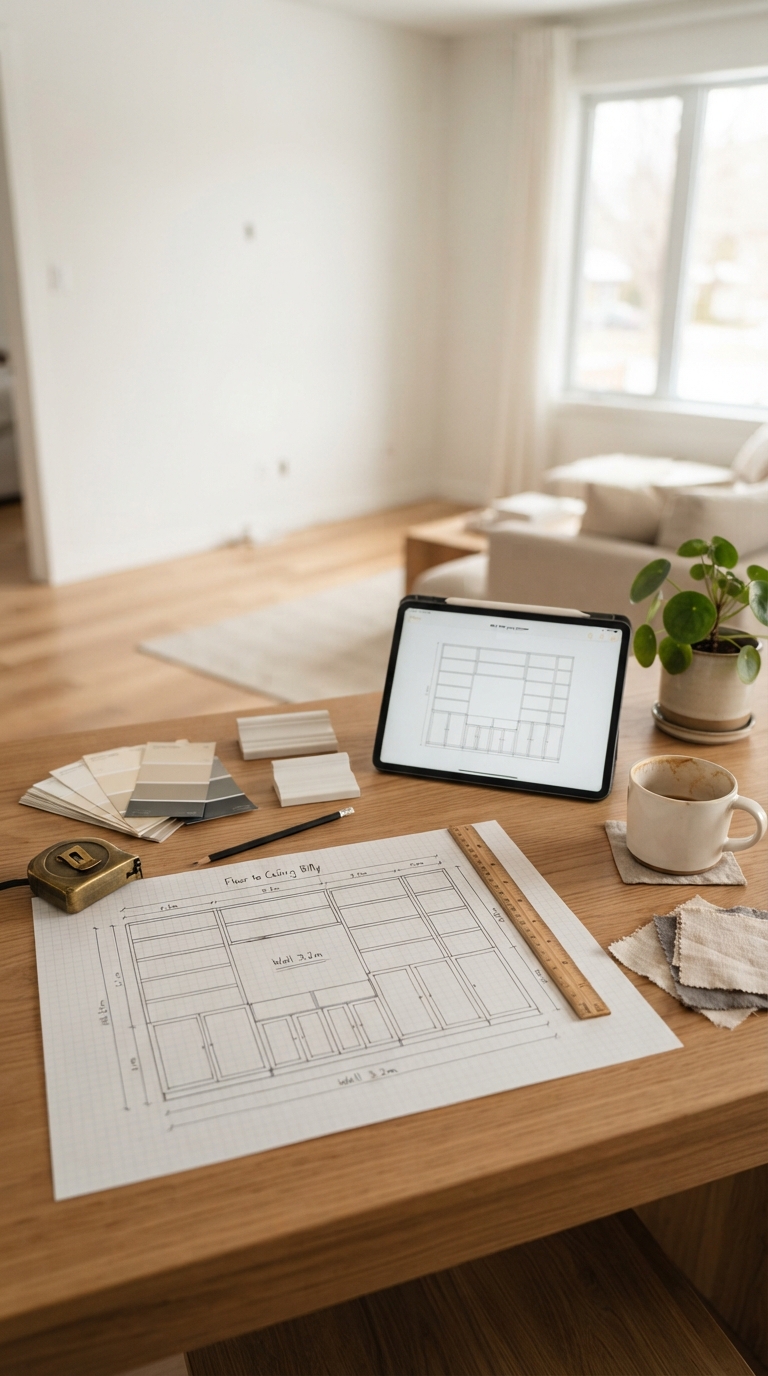 An editorial interior design planning workspace setup featuring a graph paper sketch of an IKEA Billy built-in wall layout with a TV cutout.