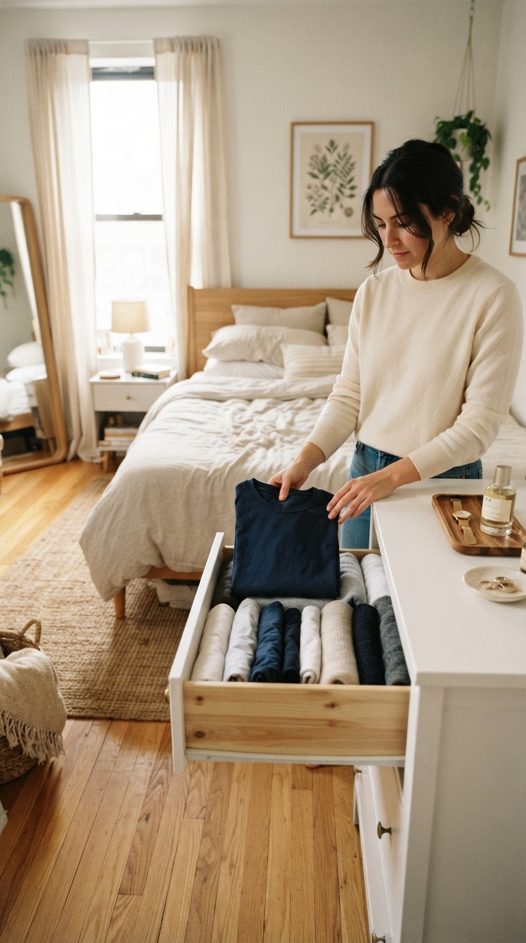 A woman placing a folded navy blue t-shirt into a neatly organized white dresser drawer in a small bedroom.
