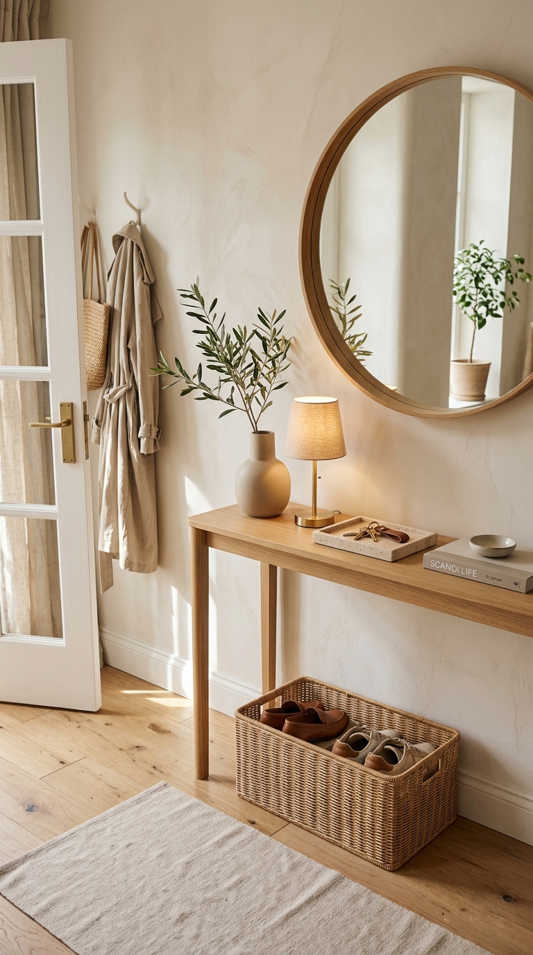 A narrow light oak console table styled with warm Scandinavian minimalist decor including a round wooden mirror, ceramic vase with olive branches, a small table lamp, and a woven storage basket for shoes underneath.