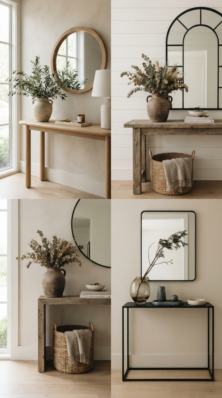 A four-panel collage showcasing narrow entryway table decor ideas in organic modern, farmhouse, rustic, and sleek minimalist styles.