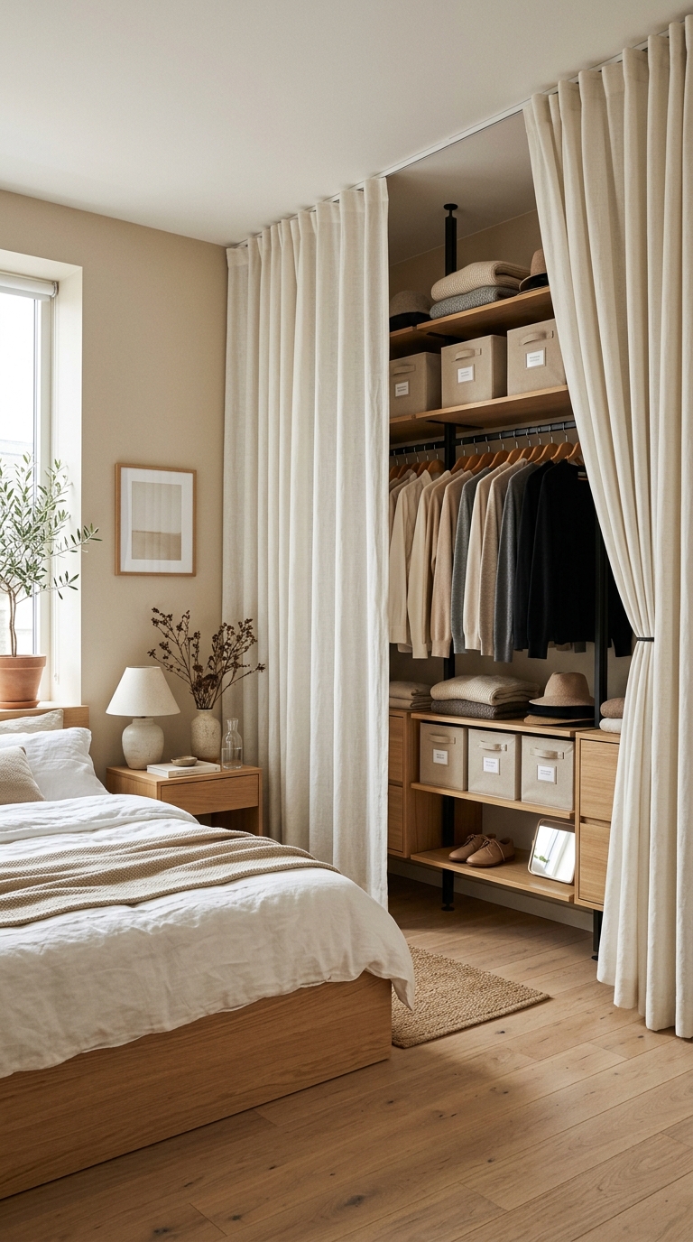 Split cream linen curtains opening to reveal an organized shelving unit and clothing rail closet system in a boho bedroom featuring how to store clothes without a closet.