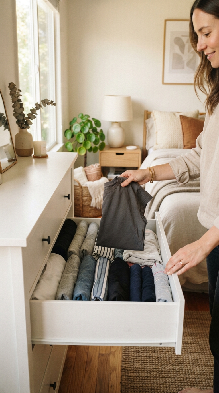 A woman placing a file-folded charcoal grey t-shirt into a neatly organized dresser drawer.