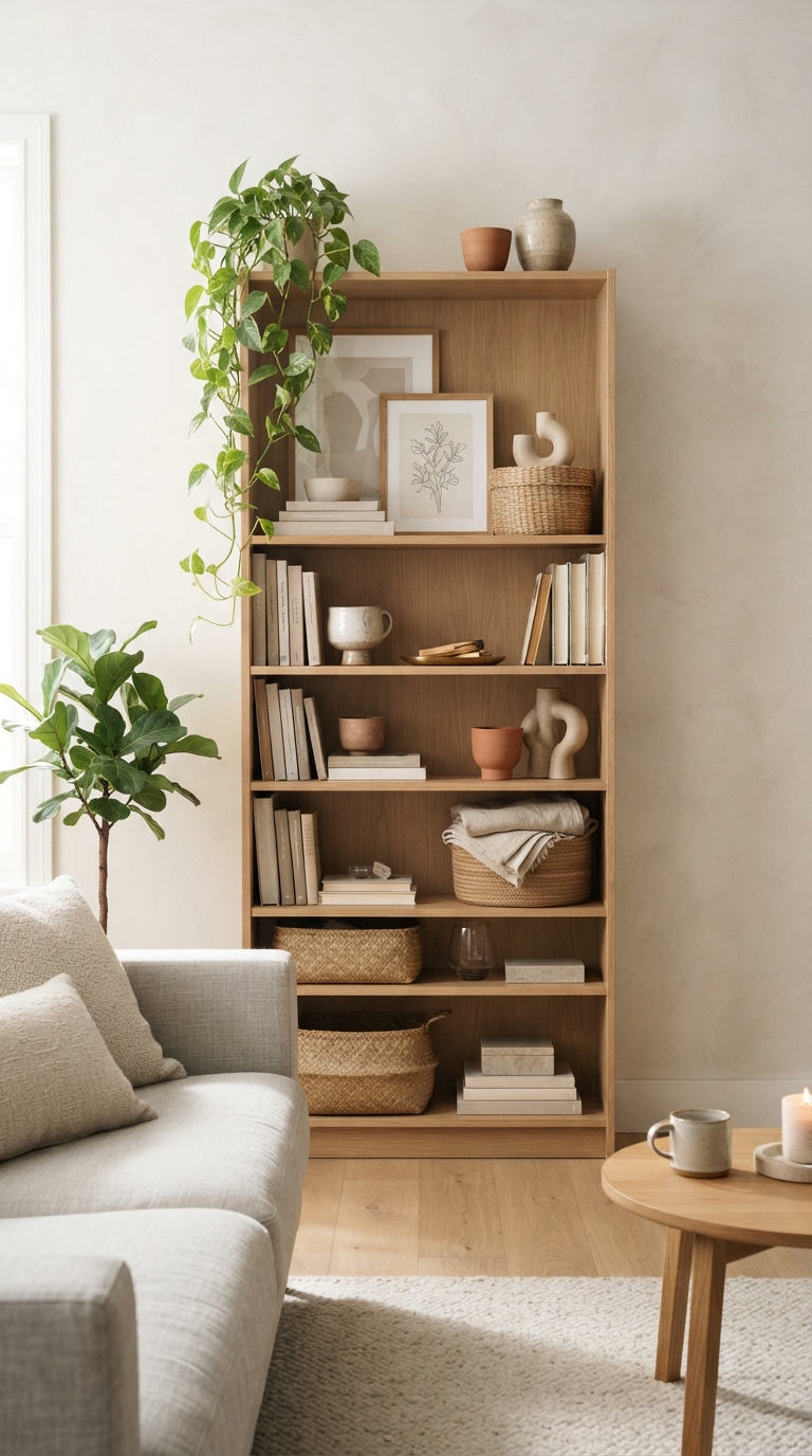 A beautifully styled white oak IKEA Billy bookcase with trailing pothos greenery, woven baskets, and framed artwork.