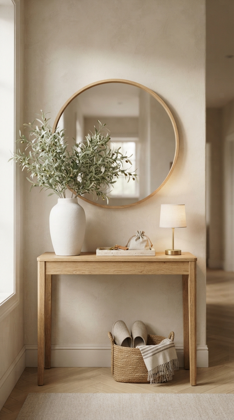 A tall white ceramic vase filled with faux olive branches styled on a light oak entryway table underneath a round wooden mirror.